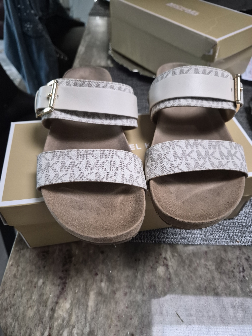 Michael Kors Neutral Logo Double-Strap Slide Sandals in Beige and Tan